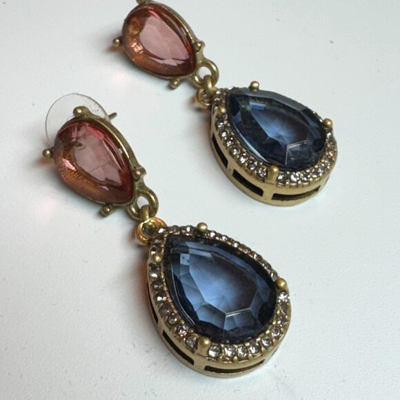 Vintage Gold Tone Dangling Pierced Earrings Teardrop Glass Pink & Blue - Picture 7 of 7